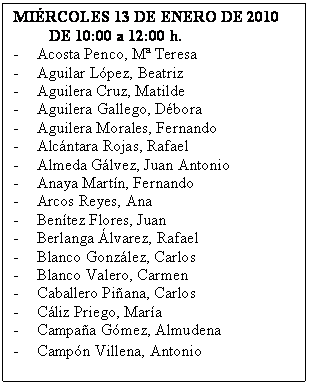 Cuadro de texto: MI�RCOLES 13 DE ENERO DE 2010
         DE 10:00 a 12:00 h.
-	Acosta Penco, M� Teresa
-	Aguilar L�pez, Beatriz
-	Aguilera Cruz, Matilde
-	Aguilera Gallego, D�bora
-	Aguilera Morales, Fernando
-	Alc�ntara Rojas, Rafael
-	Almeda G�lvez, Juan Antonio
-	Anaya Mart�n, Fernando
-	Arcos Reyes, Ana
-	Ben�tez Flores, Juan
-	Berlanga �lvarez, Rafael
-	Blanco Gonz�lez, Carlos
-	Blanco Valero, Carmen
-	Caballero Pi�ana, Carlos
-	C�liz Priego, Mar�a
-	Campa�a G�mez, Almudena
-	Camp�n Villena, Antonio
